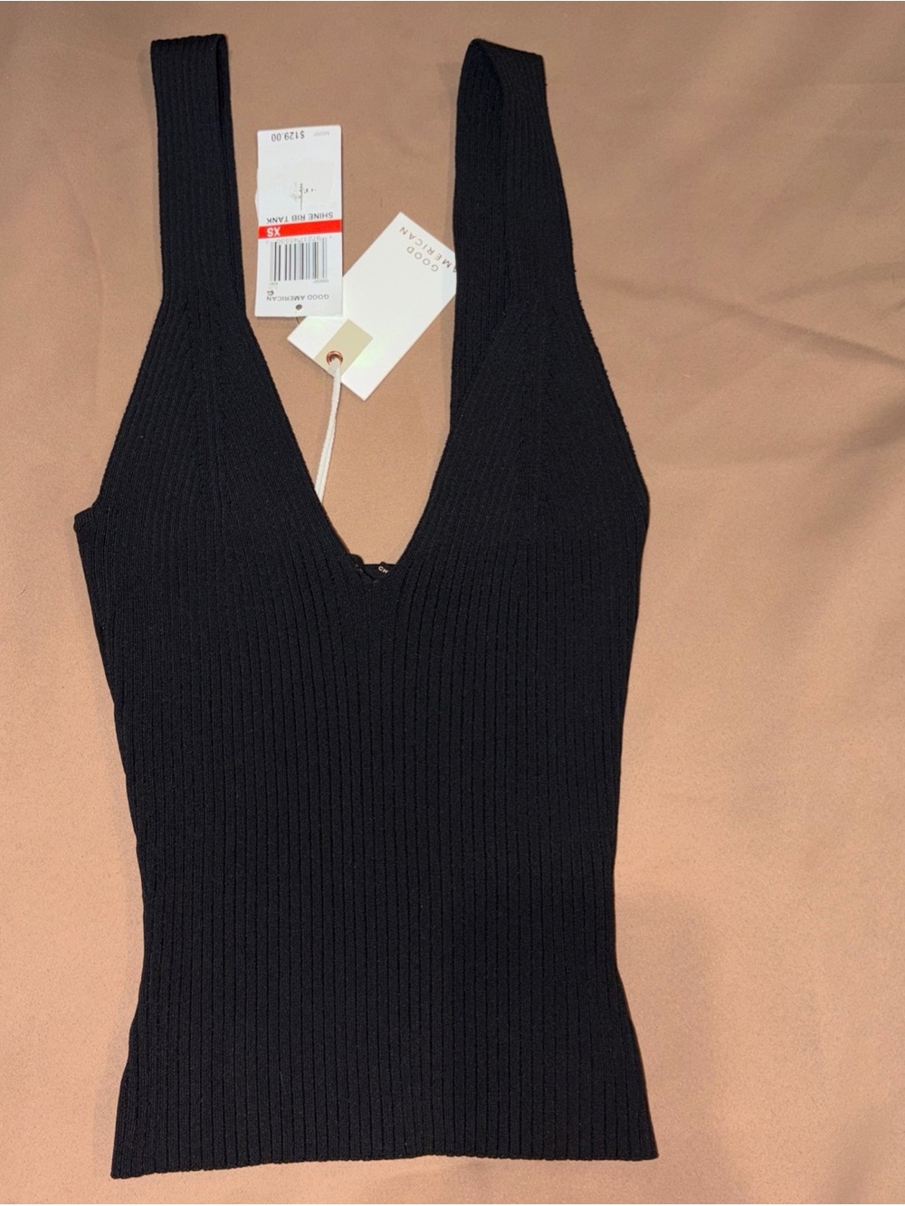 Good American Ribbed Tank Top Black Capsule Quiet Luxury Stretch Sexy V Neutral